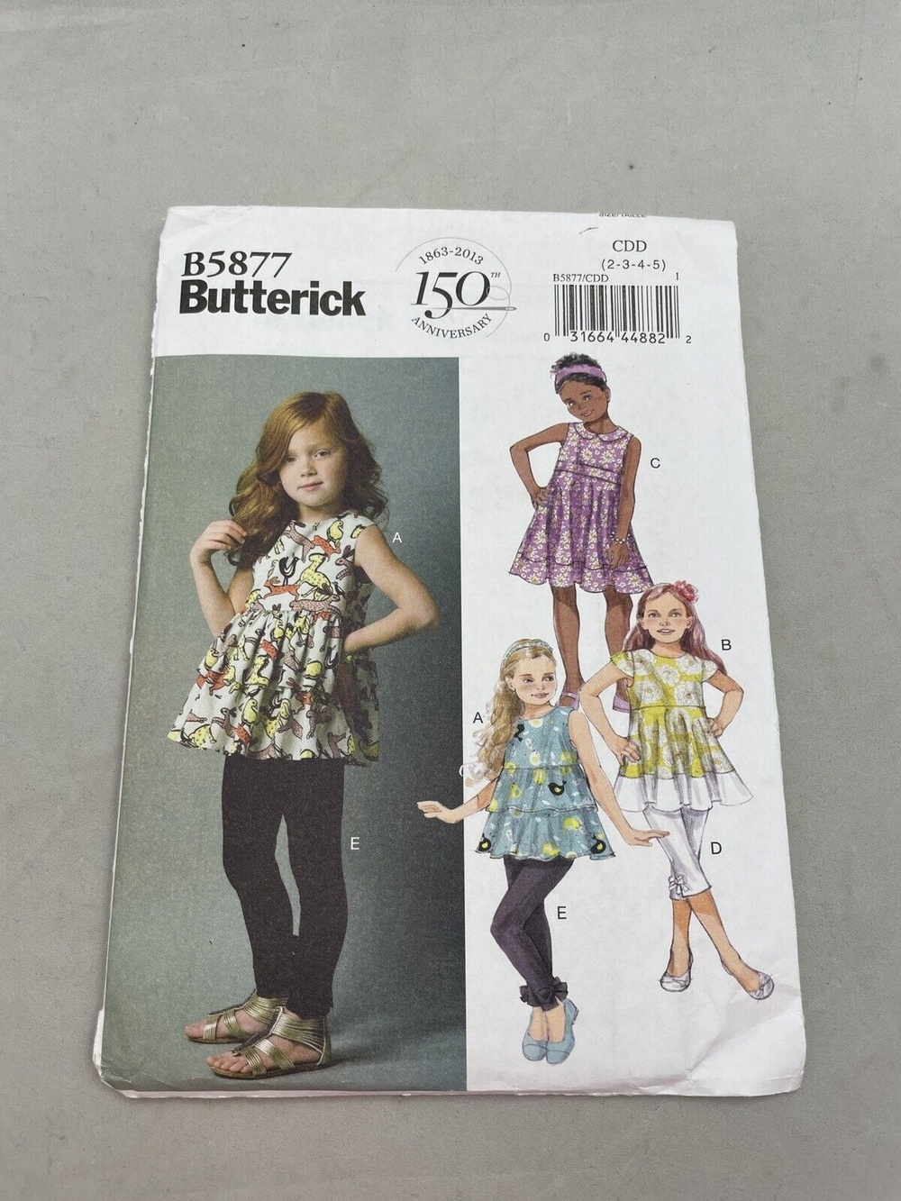 Butterick B5877 Sewing Pattern Girls Size 2-5 Top Dress Tunic Belt Leggings